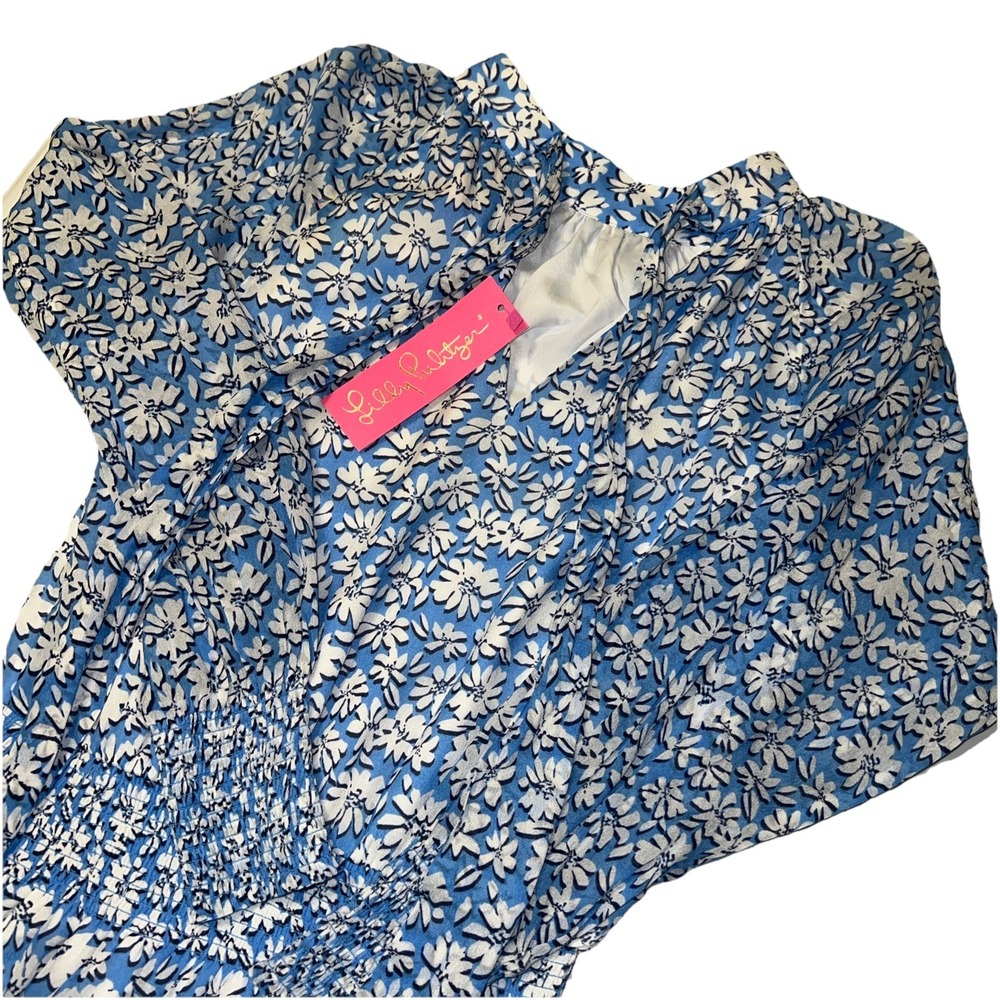 NWT Lilly Pulitzer Women's 4 Dress Blue Floral Ellielynn Smocked Long Sleeve